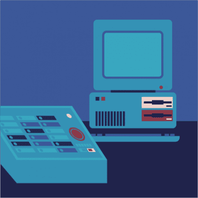 Computer and switchboard illustration